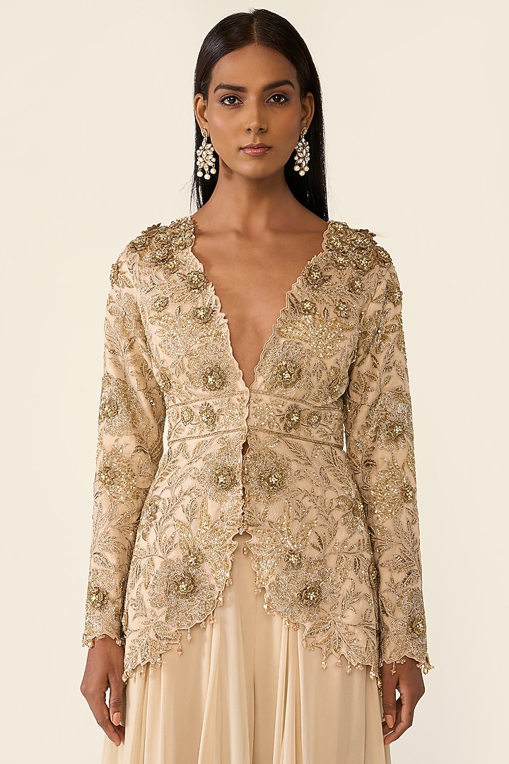 Gold Foil Georgette Embellished Bridal Sharara Set by Varun Bahl at Pernia's Pop Up Shop