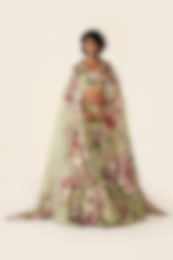 Green Organza Printed & Cutdana Embellished Bridal Saree Set by Varun Bahl at Pernia's Pop Up Shop