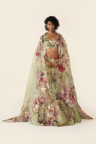 Green Organza Printed & Cutdana Embellished Saree Set by Varun Bahl