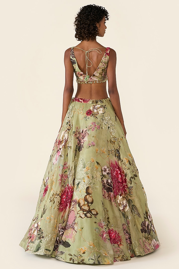Green Organza Printed & Cutdana Embellished Bridal Saree Set by Varun Bahl at Pernia's Pop Up Shop