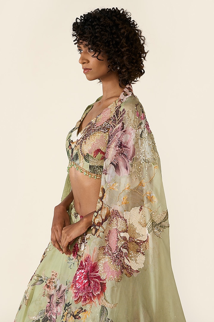 Green Organza Printed & Cutdana Embellished Bridal Saree Set by Varun Bahl at Pernia's Pop Up Shop