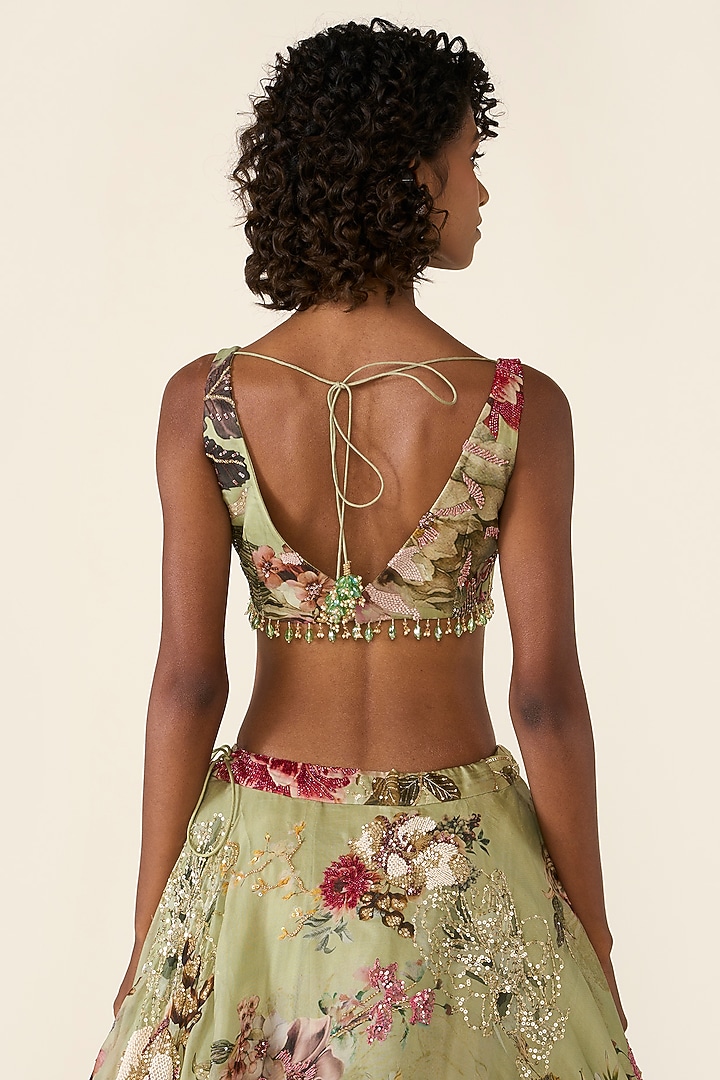 Green Organza Printed & Cutdana Embellished Bridal Saree Set by Varun Bahl at Pernia's Pop Up Shop