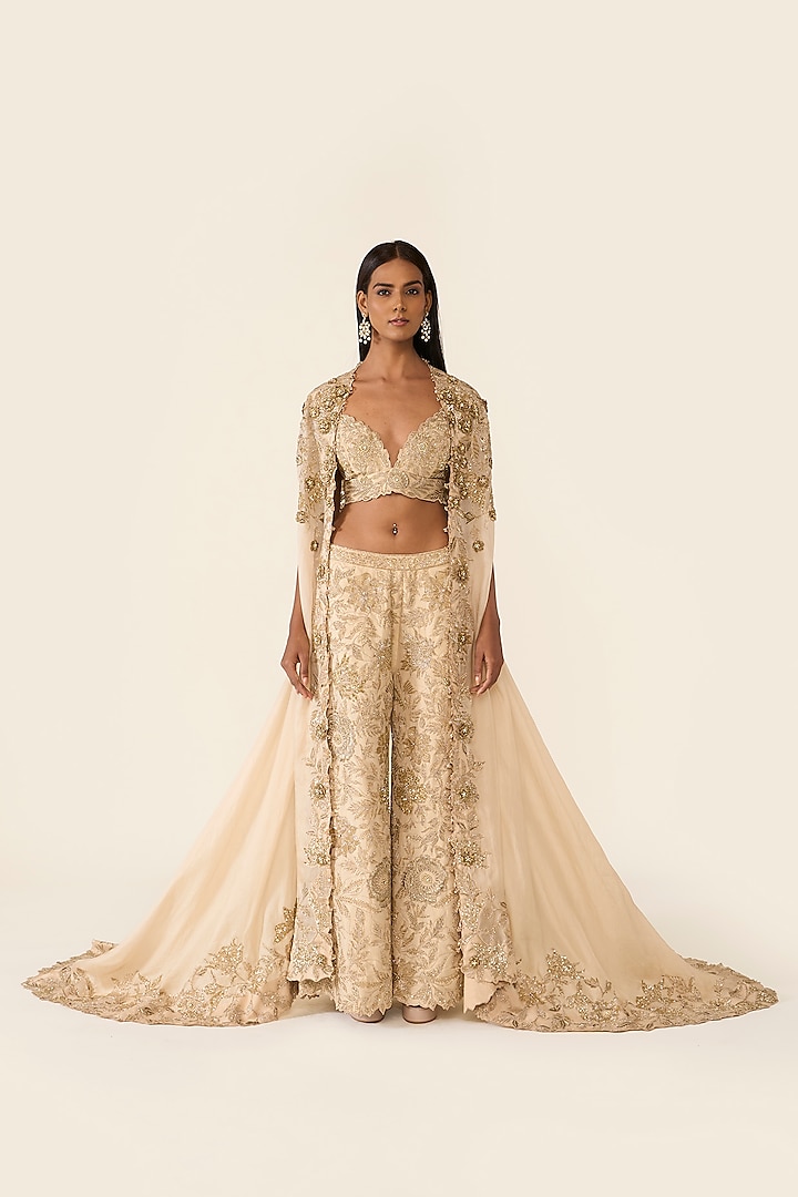 Gold Organza Dabka & Crystal Embellished Cape Set by Varun Bahl at Pernia's Pop Up Shop