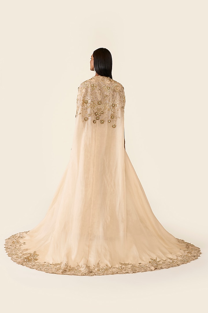 Gold Organza Dabka & Crystal Embellished Cape Set by Varun Bahl at Pernia's Pop Up Shop