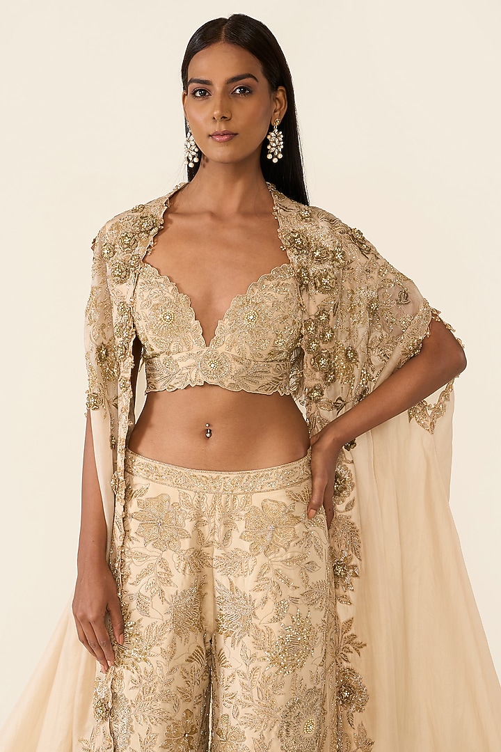 Gold Organza Dabka & Crystal Embellished Cape Set by Varun Bahl at Pernia's Pop Up Shop
