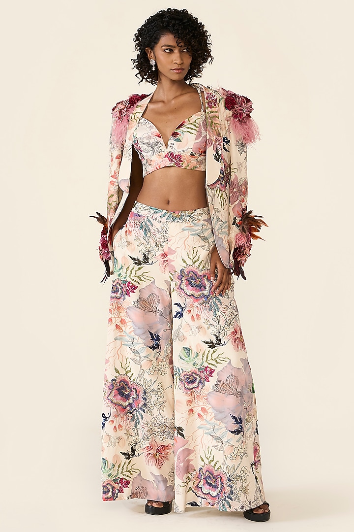 Ivory Crepe Floral Printed Jacket Set by Varun Bahl