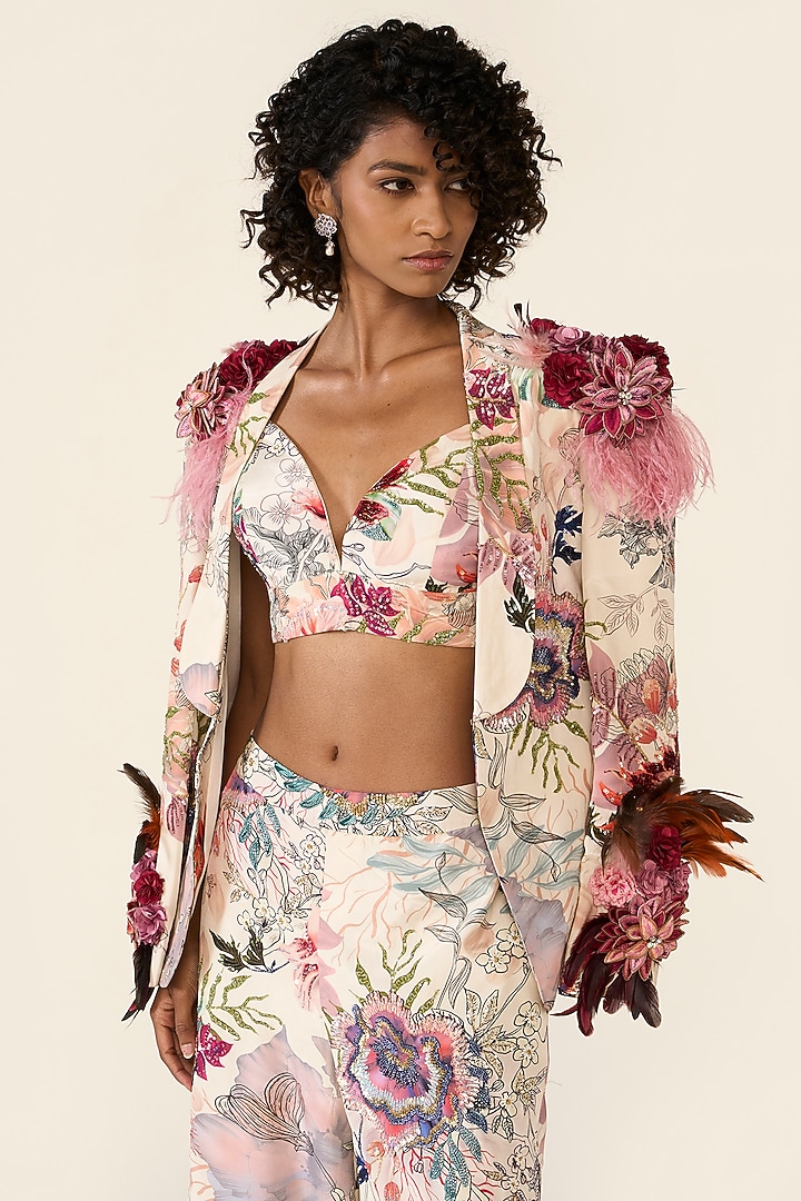 Ivory Crepe Floral Printed Jacket Set by Varun Bahl at Pernia's Pop Up Shop