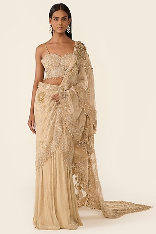 Golden Lycra Lurex 3D Floral Embellished Concept Saree Set by Varun Bahl