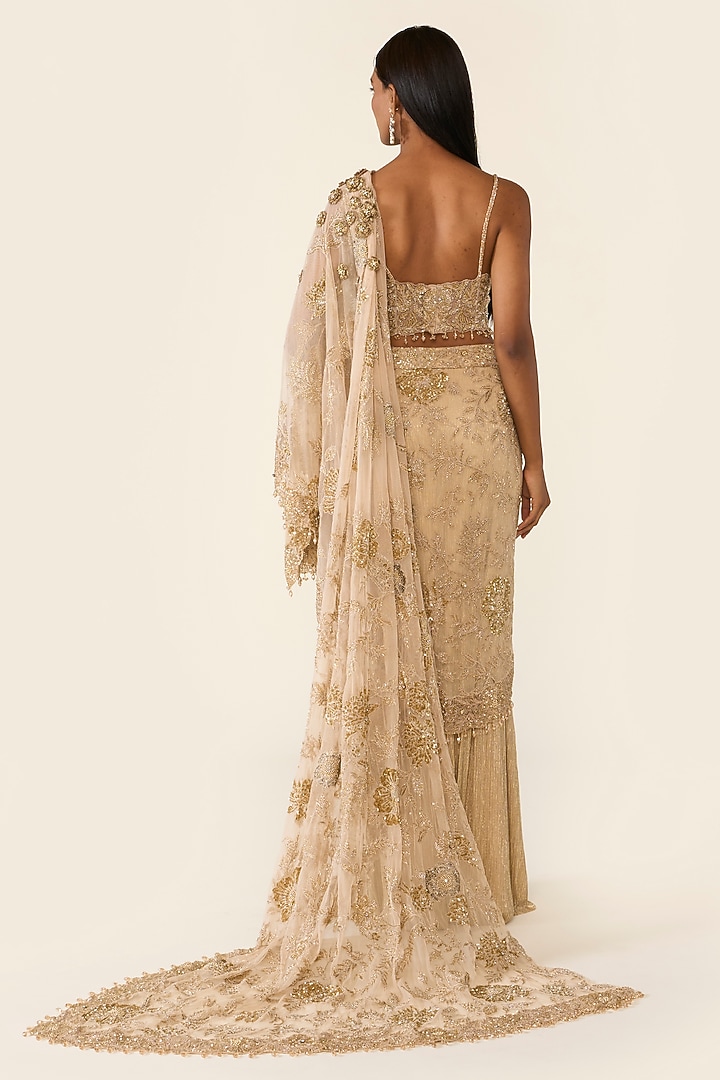Golden Lycra Lurex 3D Floral Embellished Concept Bridal Saree Set by Varun Bahl at Pernia's Pop Up Shop