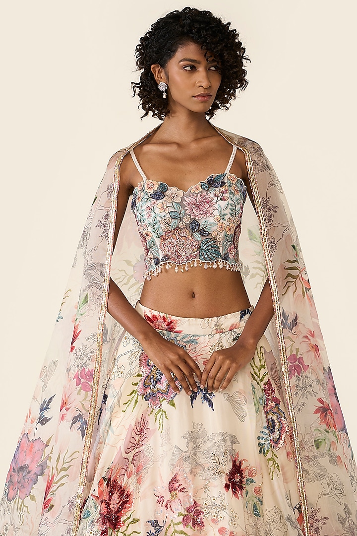 Ivory Organza Printed & Hand Embellished Bridal Lehenga Set by Varun Bahl at Pernia's Pop Up Shop