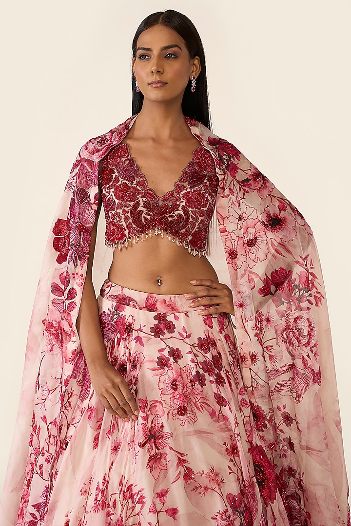 Pink Organza Printed & Cutdana Embellished Bridal Lehenga Set by Varun Bahl at Pernia's Pop Up Shop