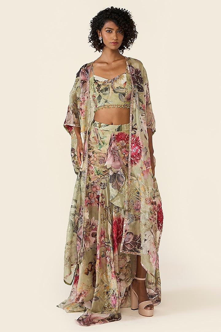 Green Organza Printed & Thread Embroidered Asymmetric Skirt Set by Varun Bahl