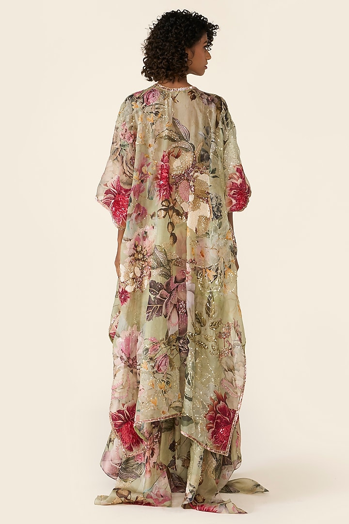 Green Organza Printed & Thread Embroidered Asymmetric Skirt Set by Varun Bahl at Pernia's Pop Up Shop