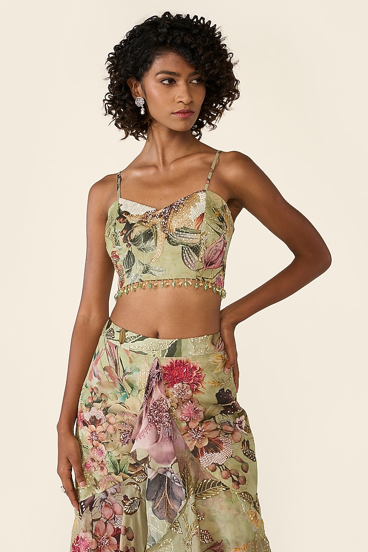 Green Organza Printed & Thread Embroidered Asymmetric Skirt Set by Varun Bahl at Pernia's Pop Up Shop