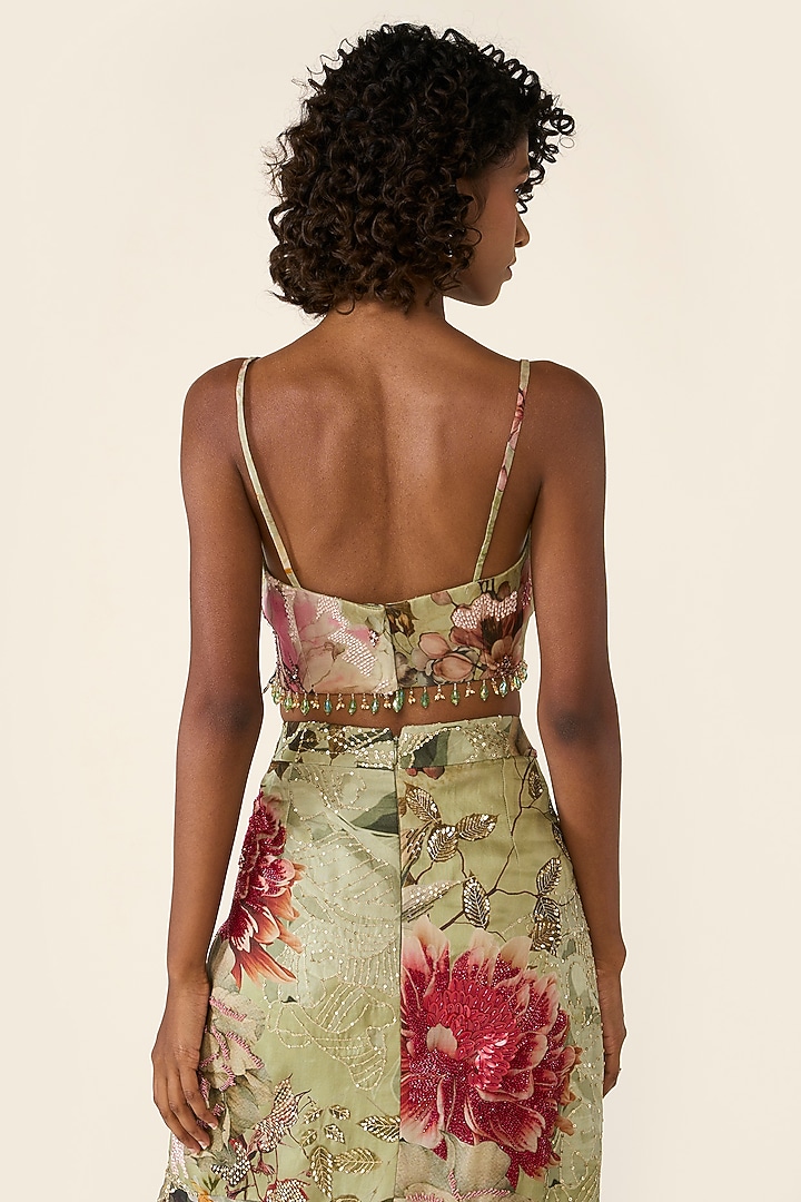 Green Organza Printed & Thread Embroidered Asymmetric Skirt Set by Varun Bahl at Pernia's Pop Up Shop