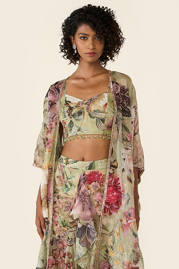 Green Organza Printed & Hand Embroidered Cape by Varun Bahl at Pernia's Pop Up Shop