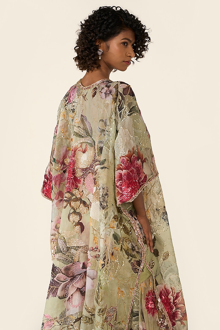 Green Organza Printed & Hand Embroidered Cape by Varun Bahl at Pernia's Pop Up Shop
