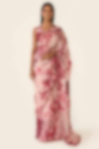 Pink Organza Printed & Sequins Embellished Saree Set by Varun Bahl