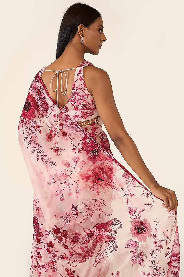 Pink Organza Printed & Sequins Embellished Bridal Saree Set by Varun Bahl at Pernia's Pop Up Shop