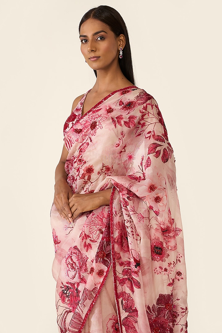 Pink Organza Printed & Sequins Embellished Bridal Saree Set by Varun Bahl at Pernia's Pop Up Shop