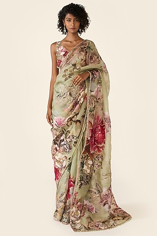 Green Organza Printed & Sequins Embellished Saree Set by Varun Bahl