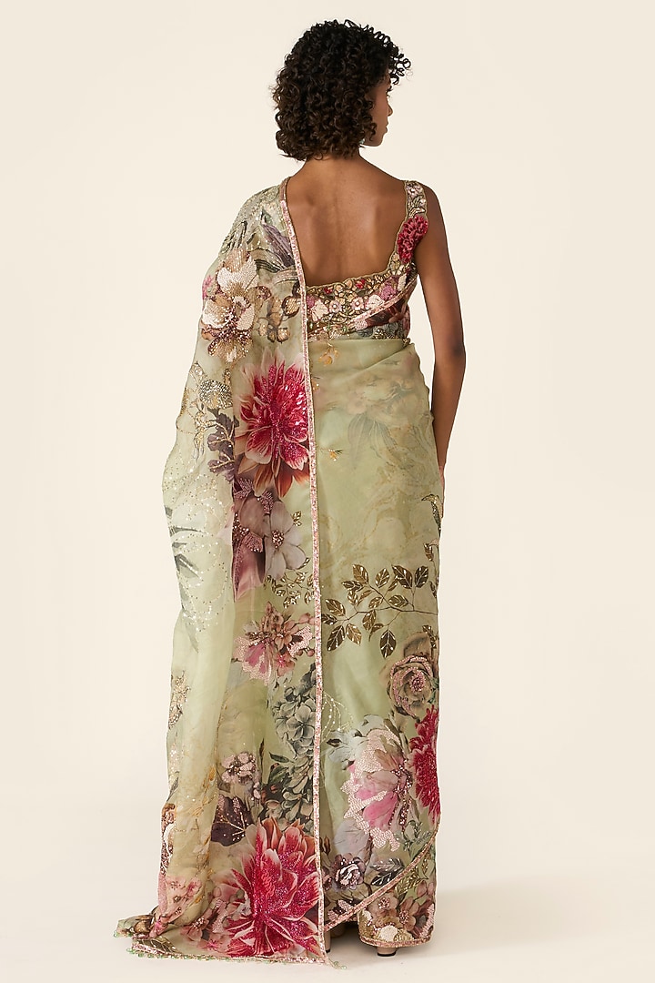 Green Organza Printed & Sequins Embellished Bridal Saree Set by Varun Bahl at Pernia's Pop Up Shop