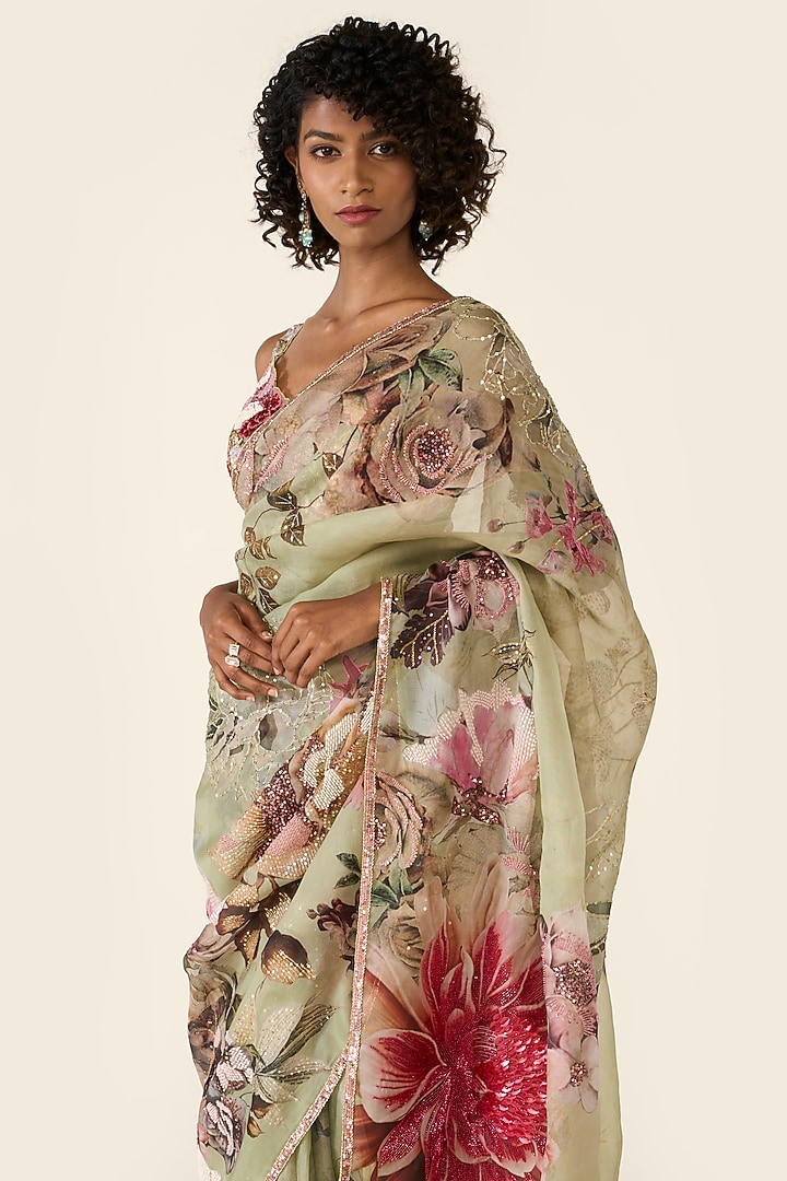 Green Organza Printed & Sequins Embellished Bridal Saree Set by Varun Bahl at Pernia's Pop Up Shop