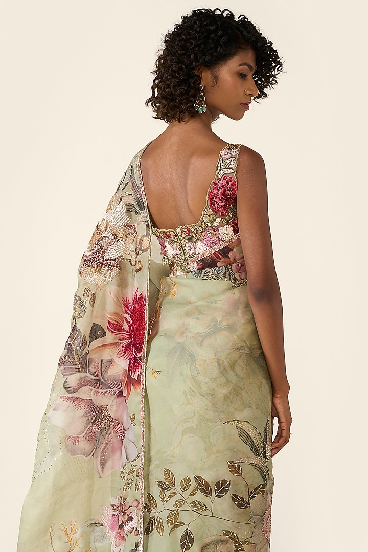 Green Organza Printed & Sequins Embellished Bridal Saree Set by Varun Bahl at Pernia's Pop Up Shop
