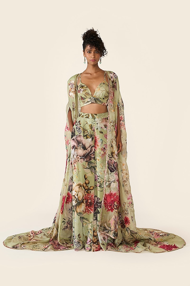 Green Organza Printed & Sequins Embroidered Cape Set by Varun Bahl