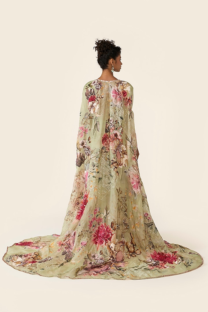 Green Organza Printed & Sequins Embroidered Cape Set by Varun Bahl at Pernia's Pop Up Shop