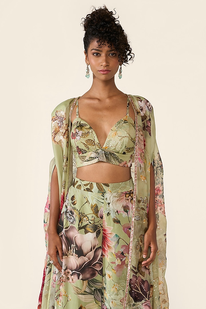 Green Organza Printed & Sequins Embroidered Cape Set by Varun Bahl at Pernia's Pop Up Shop