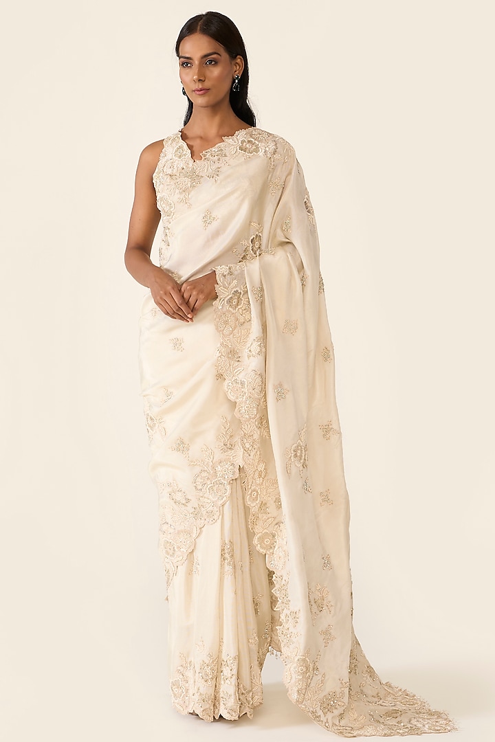 Ivory Tissue Lurex Thread Embroidered Saree Set by Varun Bahl at Pernia's Pop Up Shop