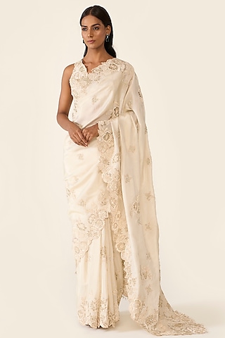 Ivory Tissue Lurex Thread Embroidered Saree Set by Varun Bahl