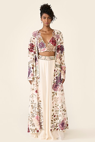 Ivory Silk Dupion Thread Embroidered Jacket Set by Varun Bahl