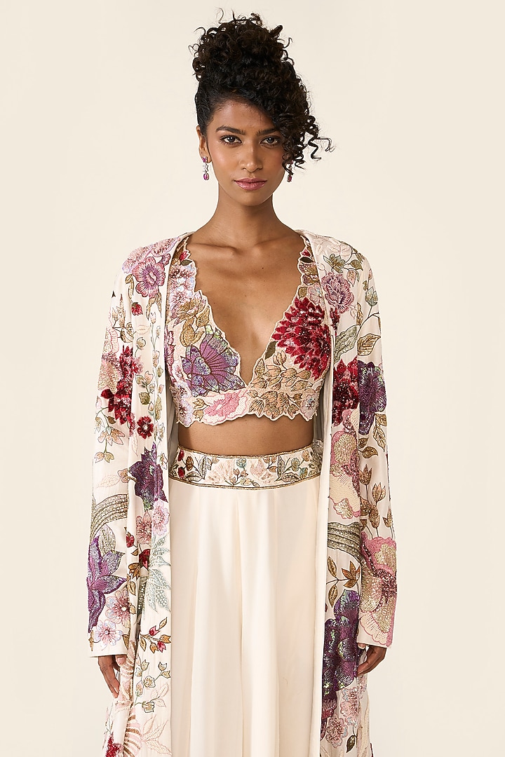 Ivory Silk Dupion Thread Embroidered Jacket Set by Varun Bahl at Pernia's Pop Up Shop