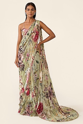 Green Georgette Printed & Sequins Embroidered Saree Set by Varun Bahl