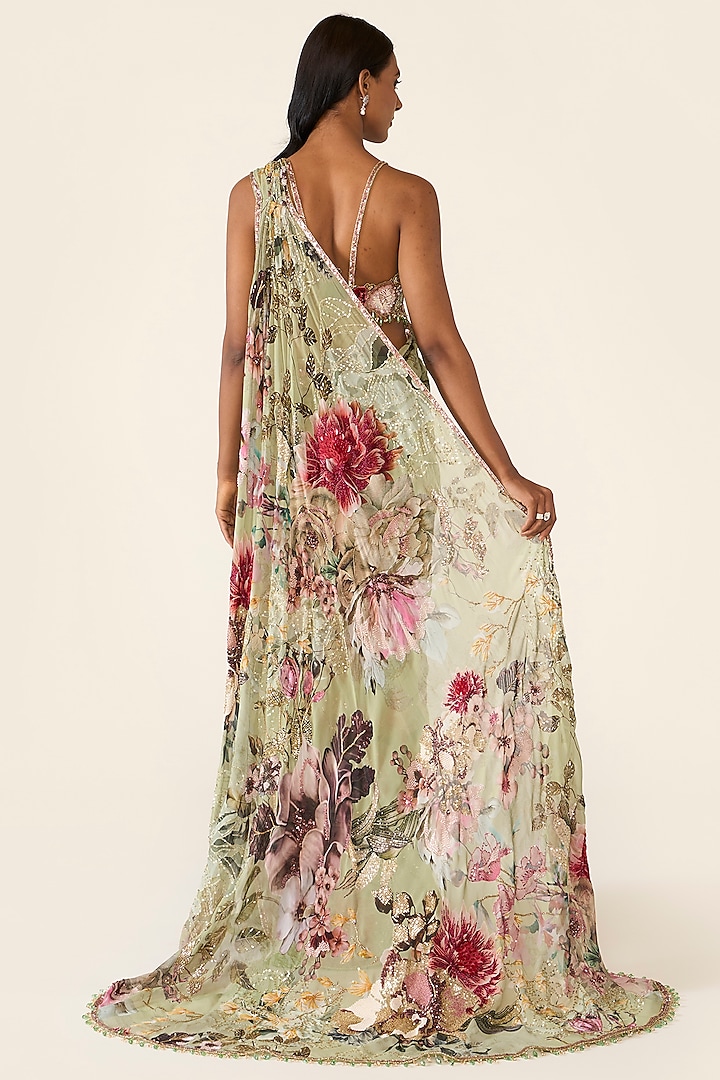 Green Georgette Printed & Sequins Embroidered Bridal Saree Set by Varun Bahl at Pernia's Pop Up Shop