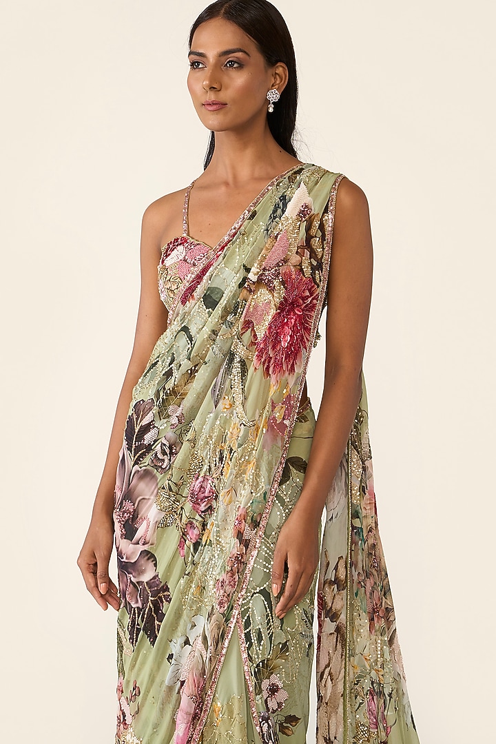 Green Georgette Printed & Sequins Embroidered Bridal Saree Set by Varun Bahl at Pernia's Pop Up Shop