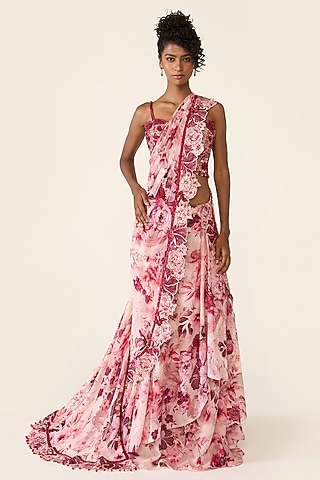 Pink Georgette Printed & Sequins Embroidered Draped Saree Set by Varun Bahl