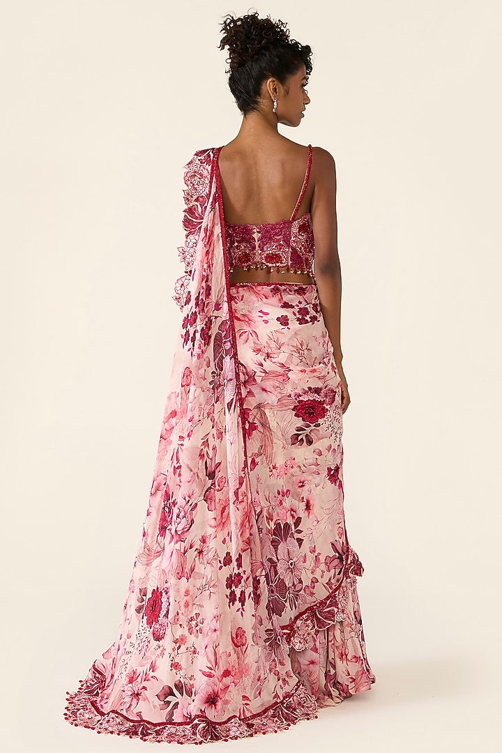 Pink Georgette Printed & Sequins Embroidered Draped Reception Saree Set by Varun Bahl at Pernia's Pop Up Shop