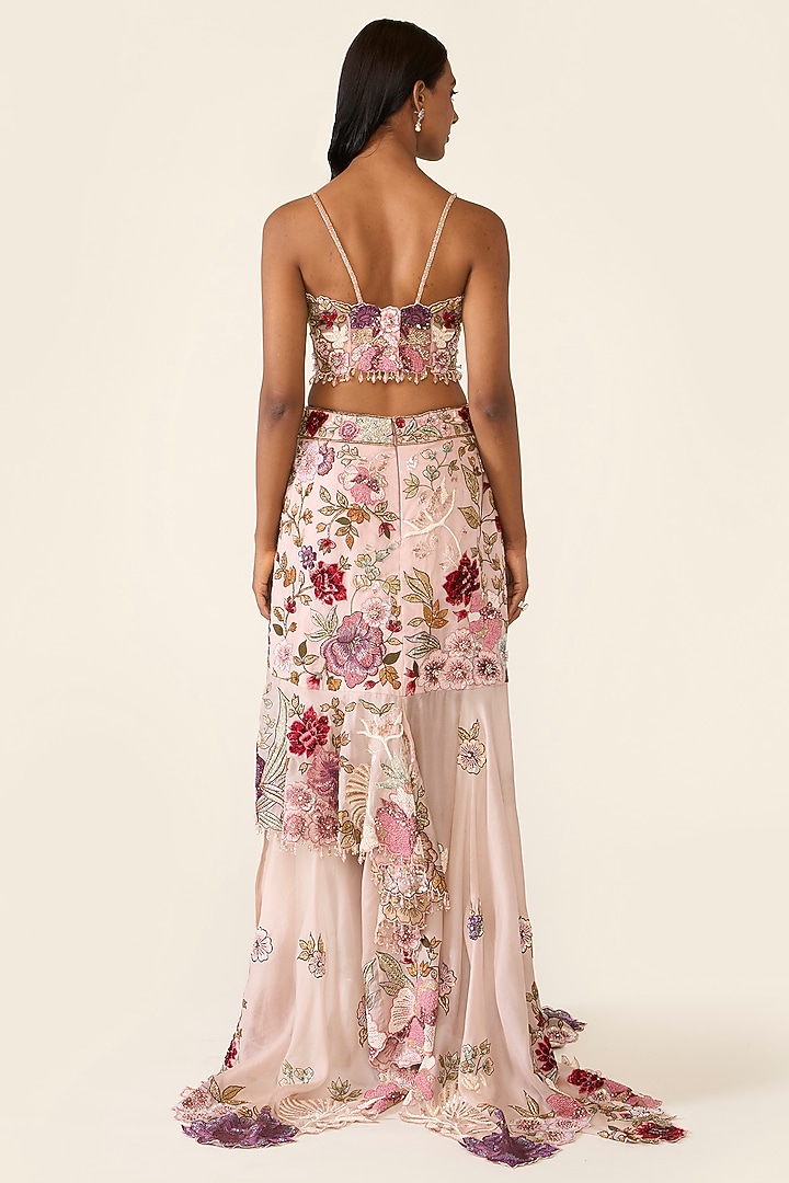 Pink Organza Thread Embroidered Asymmetric Skirt Set by Varun Bahl at Pernia's Pop Up Shop