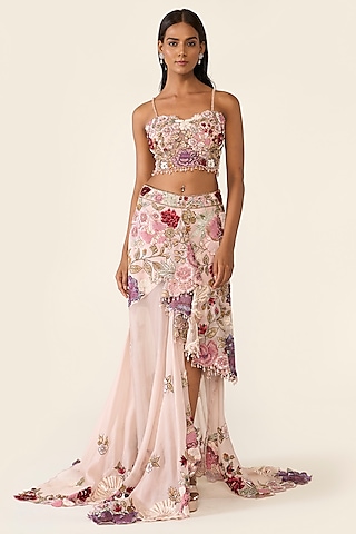 Pink Organza Thread Embroidered Asymmetric Skirt Set by Varun Bahl