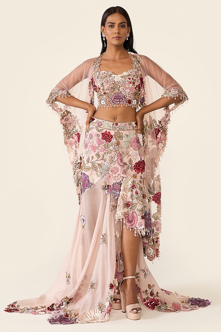 Pink Net Thread Embroidered Cape by Varun Bahl