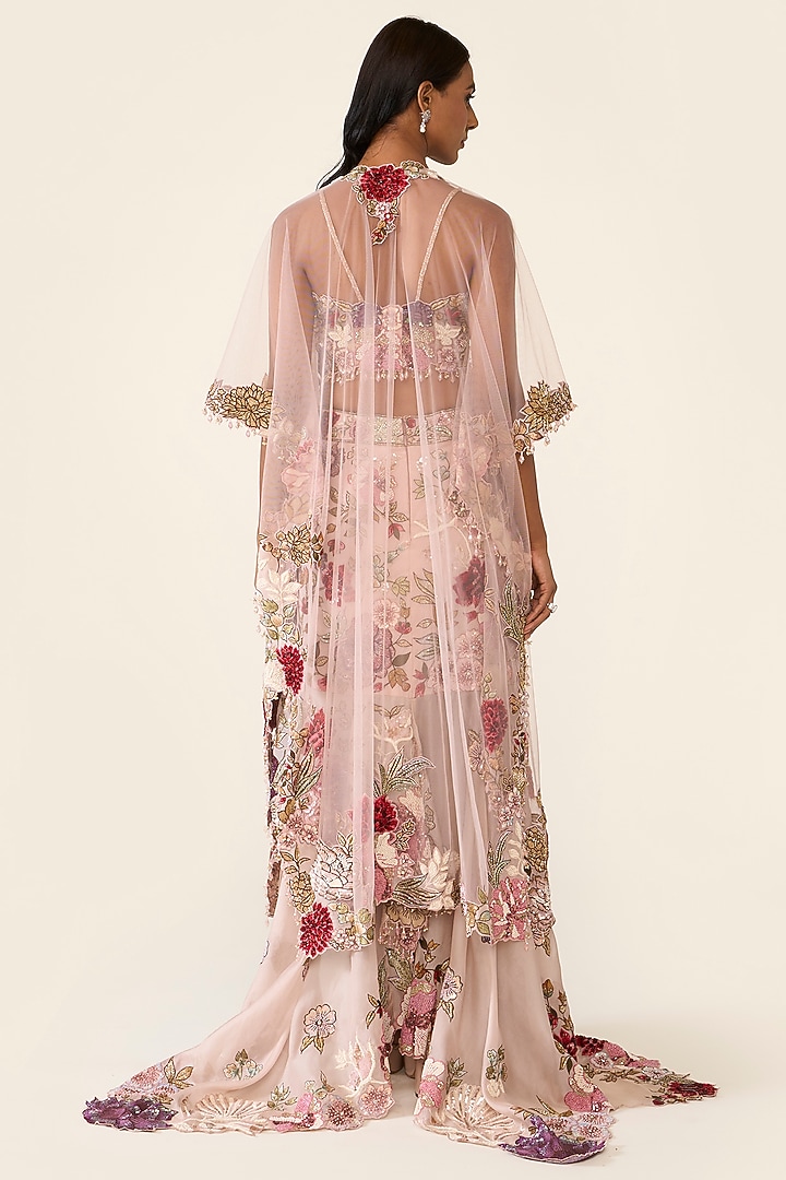 Pink Net Thread Embroidered Cape by Varun Bahl at Pernia's Pop Up Shop