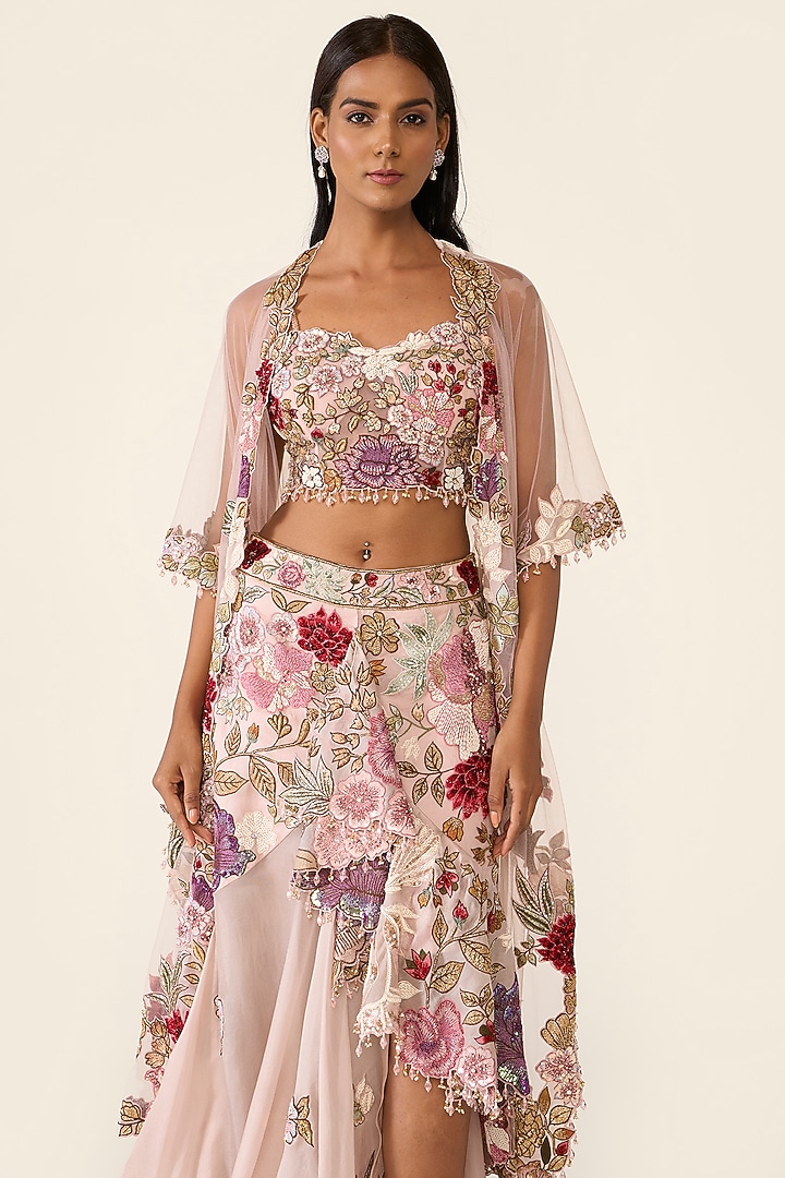 Pink Net Thread Embroidered Cape by Varun Bahl at Pernia's Pop Up Shop