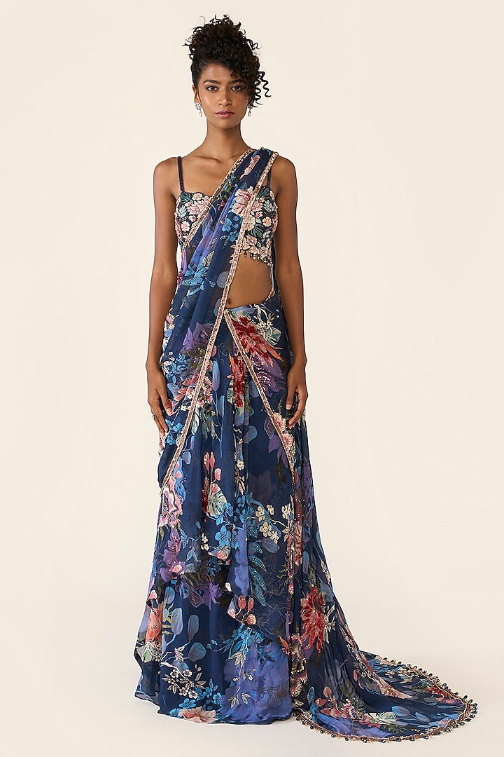 Blue Georgette Printed & Sequins Embroidered Draped Saree Set by Varun Bahl at Pernia's Pop Up Shop