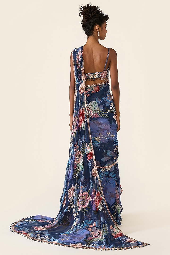 Blue Georgette Printed & Sequins Embroidered Draped Bridal Saree Set by Varun Bahl at Pernia's Pop Up Shop