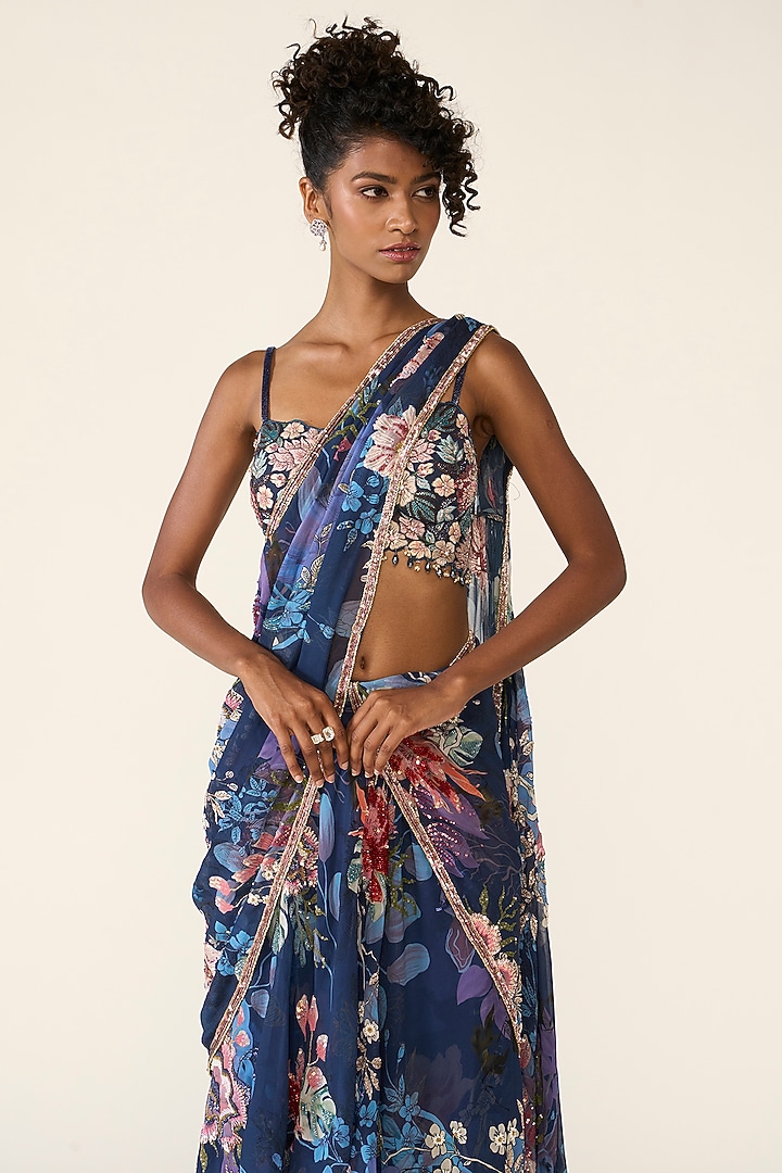 Blue Georgette Printed & Sequins Embroidered Draped Bridal Saree Set by Varun Bahl at Pernia's Pop Up Shop