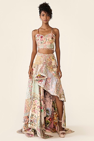 Multi-Colored Silk Dupion Sequins Embroidered Asymmetric Skirt Set by Varun Bahl