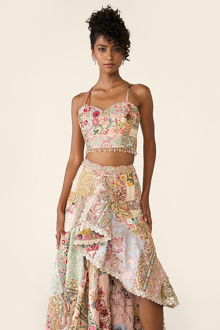 Multi-Colored Silk Dupion Sequins Embroidered Asymmetric Skirt Set by Varun Bahl at Pernia's Pop Up Shop
